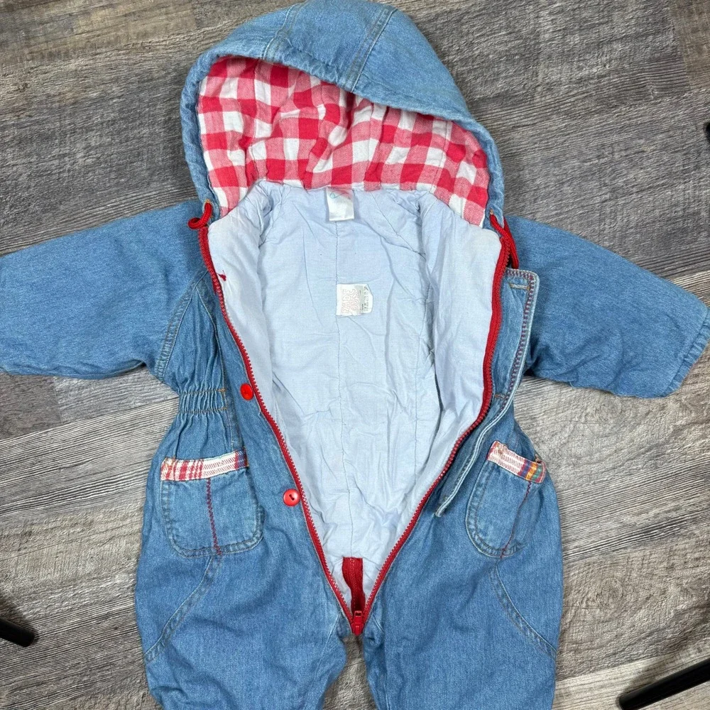 Vintage Baby Club Denim Hooded Snowsuit Blue Teddy‎ Bear Plaid Lined Kids